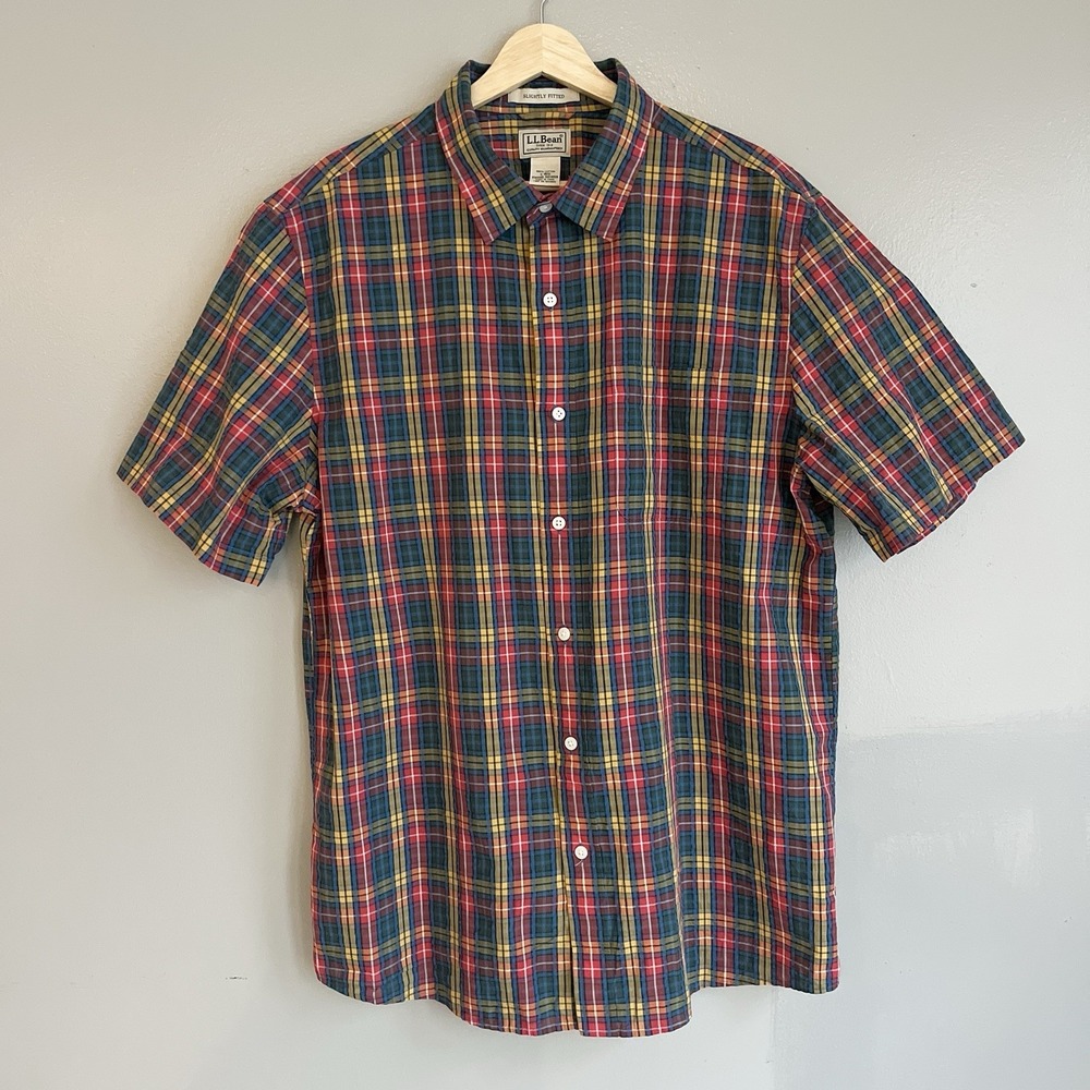 L.L. Bean Seersucker Button Up Shirt Mens Slightly Fitted Red Plaid Camp Large